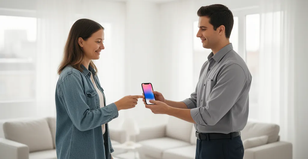 Client récupérant son iPhone réparé des mains du technicien
