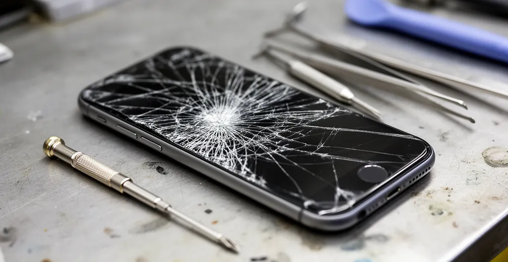 Écran d'iPhone fissuré posé sur un établi de réparation